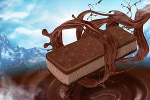 ijs room belegd broodje koekje met gieten chocola saus Aan natuur berg achtergrond in 3d illustratie vector