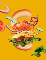 heerlijk Hamburger met ingrediënten vliegend in de lucht Aan geel achtergrond in 3d illustratie vector