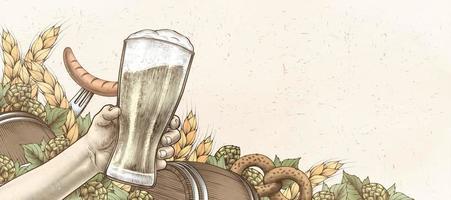 retro houtsnede stijl hand- Holding ambacht bier met tarwe en pretzels vector