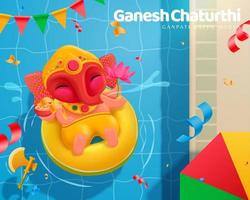 gelukkig ganesh chaturthi met lief baby ganesha drijvend op de zwemmen zwembad, top visie vector