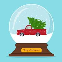 Kerstmis sneeuw wereldbol met een auto dat draagt de Kerstmis boom. vector illustratie.