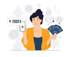 vrouw krijgen winsten van financieel investering net zo een investeerder zittend Aan stack van munten en maken investeren plannen, berekenen een uitkering, winstgevend besparingen, en bank storting concept illustratie vector