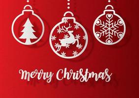 versieren Kerstmis ballen hangen met vrolijk Kerstmis formulering Aan rood achtergrond. Kerstmis groet kaart in papier besnoeiing stijl en vector ontwerp.