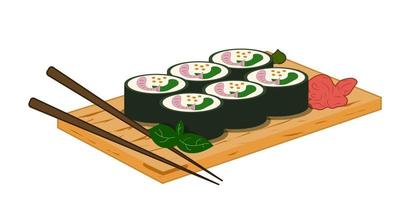 sushi broodjes, houten bord met eetstokjes, soja saus. Aziatisch voedsel vector illustratie