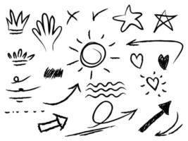 hand- getrokken reeks van abstract tekening elementen. met kroon, ster, wervelen, zucht, krabbel, pijl, tekst nadruk. geïsoleerd Aan wit achtergrond. vector illustratie