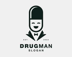 drug pil capsule apotheek zakenman portret mensen persoon vent pak mascotte vector logo ontwerp