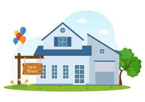 Open huis voor inspectie eigendom Welkom naar uw nieuw huis echt landgoed onderhoud in vlak tekenfilm hand- getrokken Sjablonen illustratie vector