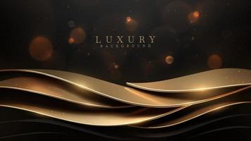 zwart luxe achtergrond met 3d realistisch goud kromme elementen en schitteren licht effect decoratie en bokeh. vector illustratie.