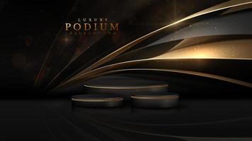 zwart luxe achtergrond. Product Scherm podium met gouden kromme lijn decoratie en schitteren licht effect elementen en sterren met bokeh. vector