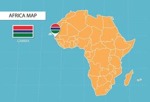 Gambia kaart in Afrika, pictogrammen tonen Gambia plaats en vlaggen. vector