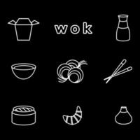 reeks van wok pictogrammen. wit schets Aan een zwart achtergrond. Aziatisch voedsel. vector illustratie.