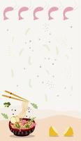 banier garnalen Aziatisch voedsel. doos met noedels. Chinese eetstokjes verhogen noedels. vector illustratie.