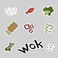 stickers Aziatisch eten voedsel. vector illustratie. wok noedels, zeevruchten, groenen, kruiden, pepers, vis