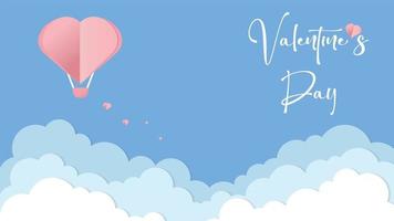 vector liefde ansichtkaart voor Valentijnsdag dag met met hart vormig ballon en vliegend harten, papier besnoeiing wolken en blauw achtergrond