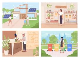 eco vriendelijk levensstijl vlak kleur vector illustraties set. ten volle bewerkbare 2d gemakkelijk tekenfilm tekens verzameling met landschap en interieur Aan achtergrond