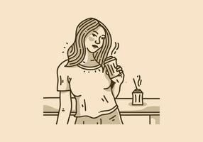 wijnoogst illustratie van vrouw Holding een kop van koffie vector