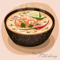 illustratie van Aziatisch soep Tom yam met garnaal. pittig, heet soep van delicaat roze kleur met garnalen en kruiden. sappig vector illustratie. geschikt voor het drukken menu's in een restaurant.