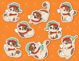 bundel van stickers van schattig tekenfilm kat in Kerstmis elf kostuum in verschillend poses is gespeeld geïsoleerd Aan wit achtergrond vector