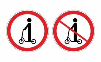 verkeer reglement tekens elektrische scooter. elektrisch scooter en Nee elektrisch scooter teken Aan wit achtergrond. teken wijzend op de verbod of regel. ronde sjabloon. vector illustratie in vlak stijl.