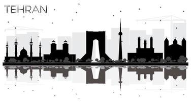 Teheran stad horizon zwart en wit silhouet met reflecties. vector