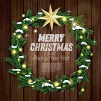 Kerstmis krans met groen Spar tak, licht slinger en gouden ster Aan houten achtergrond. vector