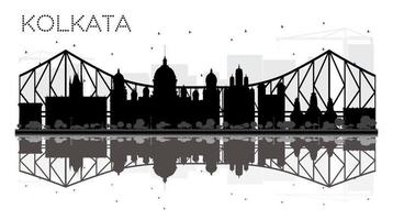 kolkata stad horizon zwart en wit silhouet met reflecties. vector