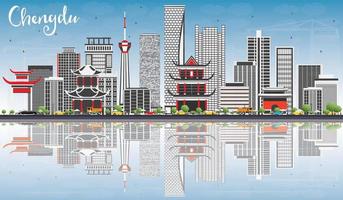 Chengdu horizon met grijs gebouwen, blauw lucht en reflecties. vector