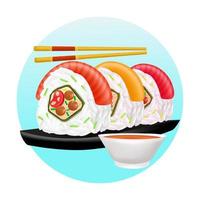 Japans voedsel, 3d illustratie van Zalm sushi rollen met soja saus vector