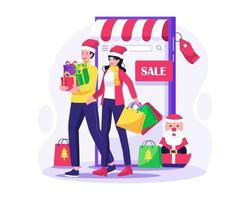 online boodschappen doen en Kerstmis uitverkoop concept met een paar aan het doen boodschappen doen in de online markt op te slaan Aan een groot smartphone Bij Kerstmis uitverkoop. vector illustratie in vlak stijl