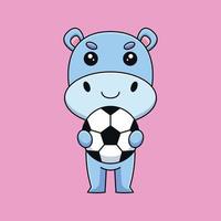 schattig nijlpaard Holding voetbal bal tekenfilm mascotte tekening kunst hand- getrokken concept vector kawaii icoon illustratie