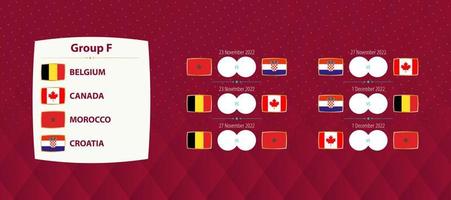 Amerikaans voetbal Internationale toernooi groep f wedstrijden, nationaal voetbal team schema wedstrijden voor 2022 wedstrijd. vector