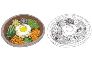 hand- getrokken Koreaans voedsel Bibimbap illustratie. vector illustratie van een Bibimbap recept. traditioneel Koreaans schotel Bibimbap met gebakken ei, inktvis, garnaal, komkommer, soja spruiten en zeewier. Aziatisch voedsel.