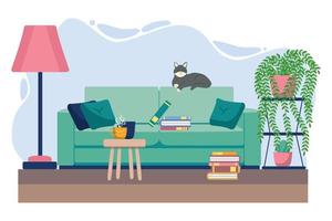 leven kamer met meubilair. knus interieur met sofa en TV. vlak stijl illustratie. vector