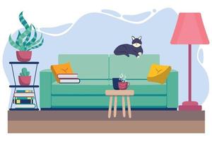 leven kamer met meubilair. knus interieur met sofa en TV. vlak stijl illustratie. vector