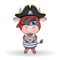 stier, koe piraat, tekenfilm karakter van de spel, wild dier in een bandana en een gespannen hoed met een schedel, met een oog lapje. karakter met helder ogen vector