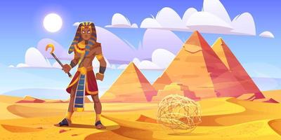oude Egyptische Farao in woestijn met piramides vector