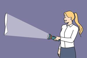 glimlachen vrouw Holding lamp bliksem sleutelgat Aan muur. gelukkig vrouw met lantaarn verlichten sleutel gat. vector illustratie.