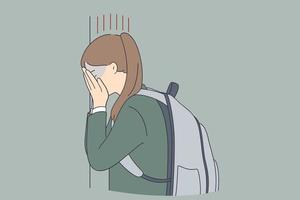 depressie, kind pesten Bij school- concept. verdrietig ongelukkig depressief jong schoolmeisje aan het bedekken haar gezicht en huilen tegen muur Bij school- gevoel eenzaam misbruikt vector illustratie