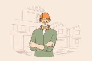 mannetje ingenieurs gedurende werk concept. jong glimlachen positief zakenman bouw plaats ingenieur tekenfilm karakter in helm en werk uniform staand en op zoek vector illustratie