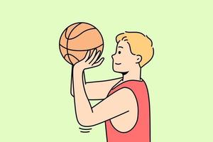 jongen gooit bal in hoepel of door netto. vent spelen basketbal of volleybal Aan rechtbank. basketballer, hoopster, speler proberen naar raken in rand. sportman praktijken boren. jong Mens opleiding. vector