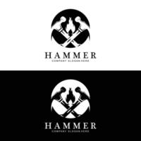 hamer, bouwconstructiehulpmiddelen en rechter logo vectorpictogram, vintage retro ontwerpillustratie vector