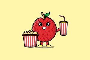 schattig tekenfilm lychee met popcorn en drinken vector