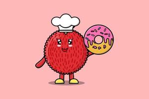 schattig tekenfilm lychee chef karakter donuts vector