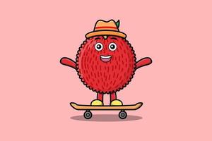 schattig tekenfilm lychee staand Aan skateboard vector