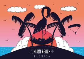 Miami Beach Scène Zonsondergang Met Flamingo Silhouet vector