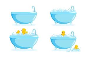 bad met rubber eend in zeepsop. reeks met badkuipen en geel eenden in bubbels en zeepsop geïsoleerd. vector illustratie