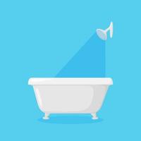 bad voor badkamer met douche anf vallend water. wit modern kuip geïsoleerd in blauw achtergrond. vector illustratie
