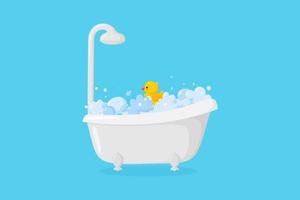 bad met zeepsop en rubber eend en douche. kuip met met bubbels en schuim geïsoleerd in blauw achtergrond. vector illustratie