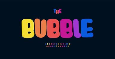 helder regenboog kleur lettertype, stoutmoedig bubbels brieven, tekenfilm kleurrijk alfabet voor speelgoed logo, feestelijk kop, kinderjaren kunst, creatief abc kind verjaardag. ronde pret grappig typografisch ontwerp. vector