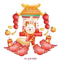 schattig konijn in Chinese traditioneel kostuum en decoratie, cheongsam jurk, de jaar van konijn vector